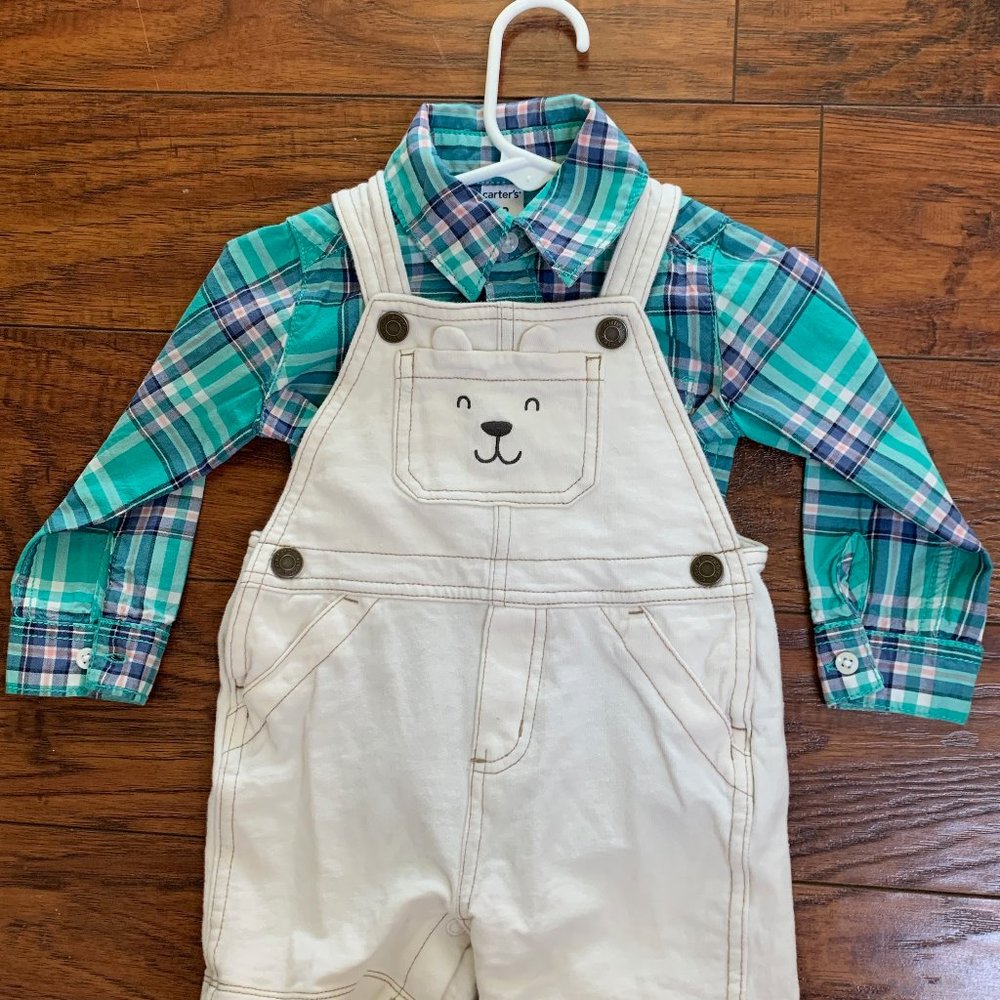 Bear Overalls Paired with Button Up (12MO)